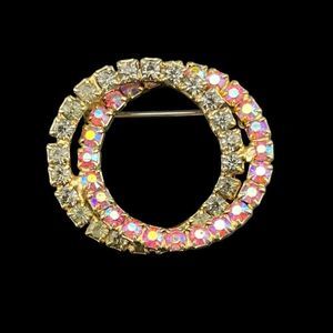 Vintage double circle Pink Aurora Borealis and Smokey rhinestone brooch pin